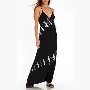 YOUNG FABULOUS & BROKE Lorelei Black Grey Tie Dye Wrap Deep V Maxi Dress Small